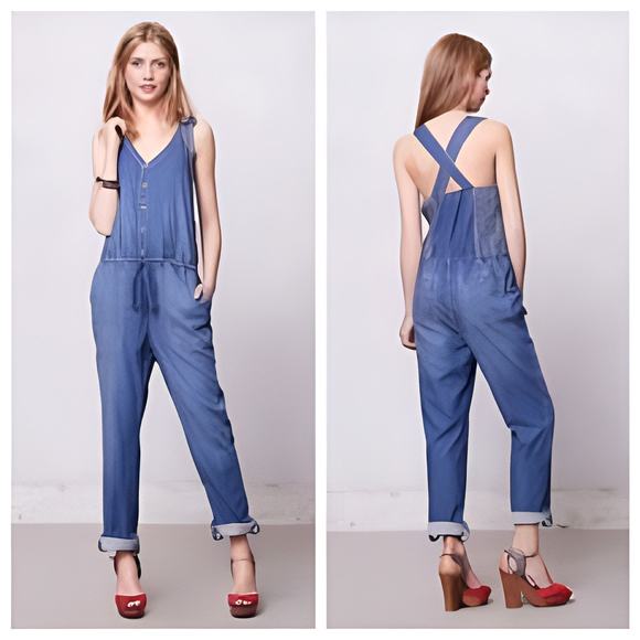 Anthropologie Holding Horses Tencel Chambray Overall Jumpsuit Women Sz 8 - Picture 1 of 12
